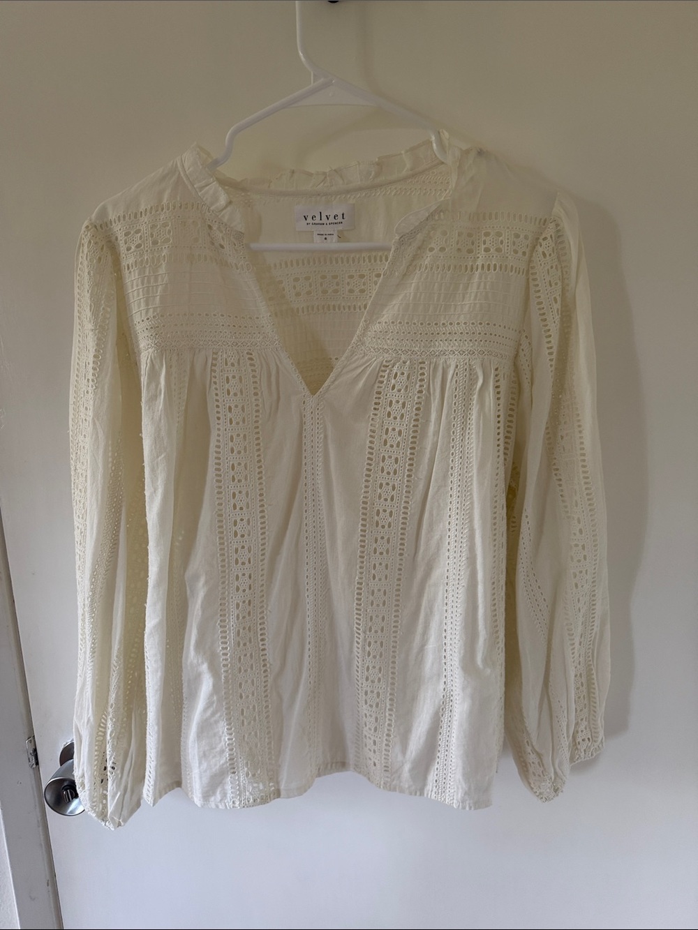 Velvet Cream Eyelet V-Neck Blouse